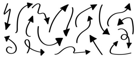 Satz schwarze handgezeichnete Pfeillinien Vektor auf weißem Hintergrund. Doodle-Stil, Kurve, wellig, Pfeile, Cursorsymbol, Zeigersammlung, Rücken, Zeichen, Richtung. Designillustration für Aufkleber, Comic.