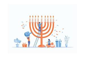 begrepp av hanukkah Semester menora dekoration med Lycklig mycket liten människor karaktär, platt vektor modern illustration