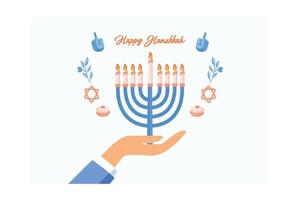 Chanukka Menora. fröhlicher jüdischer feiertag chanukka, konzept. Mann Jude Menorah mit Kerzen in der Hand halten, isoliert auf weißem Hintergrund. religiöse feier, flache vektormoderne illustration vektor