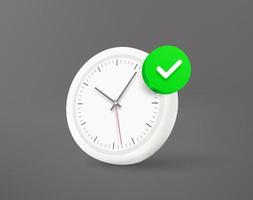 vit klocka med grön bock. 3d vektor ikon
