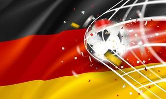 der Ball im Fußballnetz. Zielvektorkonzept mit Flagge Deutschlands. 3D-Vektorbanner mit Unschärfeeffekt