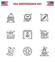 linje packa av 9 USA oberoende dag symboler av varna nål USA landmärke amerikan boll redigerbar USA dag vektor design element