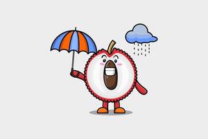 söt tecknad serie litchi i regn och använder sig av ett paraply vektor