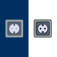 elektrisk energi plugg kraft tillförsel uttag ikoner platt och linje fylld ikon uppsättning vektor blå bakgrund