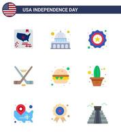 4:e juli USA Lycklig oberoende dag ikon symboler grupp av 9 modern flats av snabb mat amerikan amerikan sport hokey redigerbar USA dag vektor design element