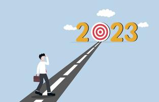 Geschäftsziel im Jahr 2023, mit dem Ziel, das Neujahrsziel, die bevorstehende Herausforderung oder das Chancenkonzept zu erreichen, Geschäftsmann auf dem Weg zum Ziel 2023. vektor