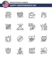 Usa Happy Independence Day Piktogrammsatz aus 16 einfachen Linien von Grill Barbecue Pipe Food Wein editierbare Usa Day Vektordesign-Elemente vektor