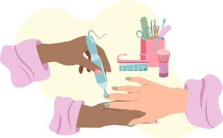 händer av afrikansk nagel tekniker håller på med anordning manikyr till caucasian kvinna i platt stil vektor
