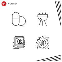 Linienpackung mit 4 universellen Symbolen für Pillen kreative Grillökonomie Bleistift editierbare Vektordesign-Elemente vektor