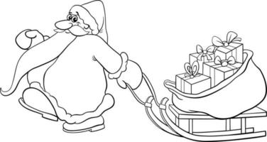 Cartoon Weihnachtsmann zieht einen Schlitten Geschenke Malvorlagen vektor
