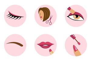skönhet salong ikoner vektor illustration. mun, ögonbryn, öga göra upp, naglar, hår, manikyr och ögonfransar. skönhet salong logotyper isolerat. ikoner för Instagram berättelser. rosa Färg social media ikoner uppsättning.