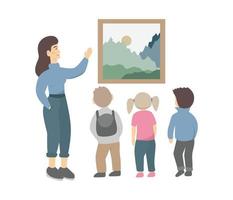 Kinderausflug in ein Museum, am Bild stehen und dem Führer zuhören. Führer zeigt Kindern in einem Museum ein Bild. vektorillustration für kunstgalerie, kulturelle bildung, ausstellungskonzepte vektor