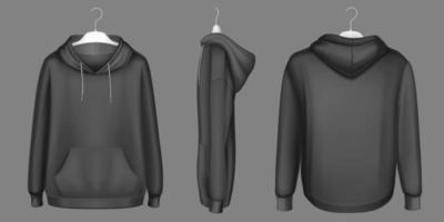 Hoody, schwarzes Sweatshirt auf Kleiderbügel-Mock-up-Set vektor