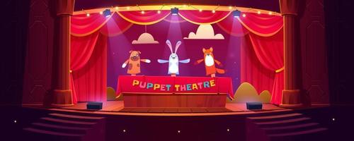 puppentheater auf der bühne, lustige puppen führen show auf vektor