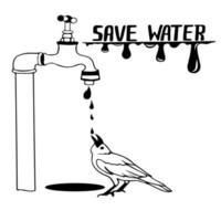 Konzept ist es, Wasserressourcen zu sparen. Der Rabenvogel trinkt unter tropfendem Wasserhahn mit fließendem Wasser. Tropfen aus defektem Wasserhahn. Tag des Wassers. tropfender Wasserhahn oder Wasserhahn im Hof vektor