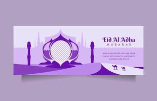kreativ eid al Adha social media posta och baner hälsning med modern rena blå Färg. horisontell vektor illustration islamic bakgrund med skön moské design