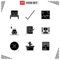9 ikoner fast stil rutnät baserad kreativ glyf symboler för hemsida design enkel fast ikon tecken isolerat på vit bakgrund 9 ikon uppsättning kreativ svart ikon vektor bakgrund
