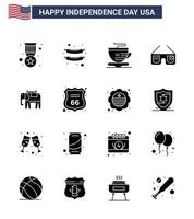 Packung mit 16 kreativen usa-Unabhängigkeitstag-bezogenen soliden Glyphen der Sicherheit amerikanischer Pokal-Elefant imerikanischer editierbarer usa-Tag-Vektordesign-Elemente vektor