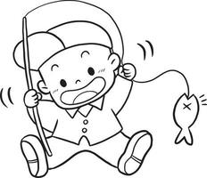 Junge angeln cartoon doodle kawaii anime malseite niedlich illustration zeichnung clipart charakter chibi manga comics vektor