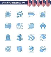 Packung mit 16 usa-Unabhängigkeitstag-Feier-Blues-Zeichen und 4. Juli-Symbolen wie Land-USA-Hot-Dog-Wahrzeichen-Gebäude editierbare usa-Tag-Vektordesign-Elemente vektor