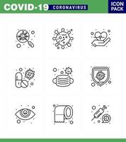 neuartiges Coronavirus 2019ncov 9-Zeilen-Icon-Pack Gesicht Pille Pflege medizinisches Antivirus virales Coronavirus 2019nov Krankheit Vektordesign-Elemente vektor