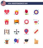 Packung mit 16 kreativen USA-Unabhängigkeitstag-bezogenen Wohnungen von Fastfood-Flaggen-Blumenabzeichen amerikanischen editierbaren USA-Tag-Vektordesign-Elementen vektor