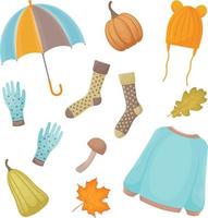 Helles, nahtloses Herbstmuster mit dem Bild von Herbstsymbolen wie einem warmen Pullover, Socken, Handschuhen, Hut, Regenschirm, reifem Pilz und Kürbis sowie Regenschirmen und abgefallenen Blättern. Vektor