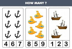Lernspiel für Kinder, die zählen, wie viele niedliche Cartoon-Anker-U-Boot-Schiffswracks druckbares Unterwasser-Arbeitsblatt sind vektor