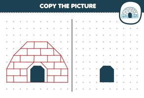 Bildungsspiel für Kinder Kopieren Sie das niedliche Cartoon-Iglu-Bild, indem Sie das druckbare Winterarbeitsblatt mit Punkten verbinden vektor