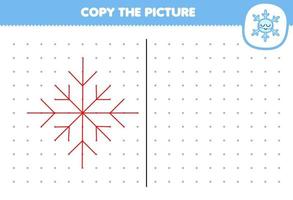 Lernspiel für Kinder Kopieren Sie das niedliche Cartoon-Schneeflockenbild, indem Sie das druckbare Winterarbeitsblatt mit Punkten verbinden vektor