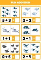 utbildning spel för barn roligt tillägg förbi räkning och belopp av söt tecknad serie haj manta hammare haj stingrocka val tryckbar under vattnet kalkylblad vektor
