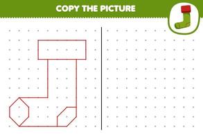 Bildungsspiel für Kinder Kopieren Sie das niedliche Cartoon-Sockenbild, indem Sie das druckbare Winterarbeitsblatt mit Punkten verbinden vektor