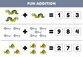 Lernspiel für Kinder Spaß Addition durch Erraten der richtigen Anzahl von niedlichen Cartoon-Aalknochen-Piranhas druckbares Unterwasser-Arbeitsblatt vektor