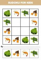 Lernspiel für Kinder Sudoku für Kinder mit niedlichem Cartoon-Muschel Einsiedlerkrebs Garnelenschildkröte druckbares Unterwasser-Arbeitsblatt vektor