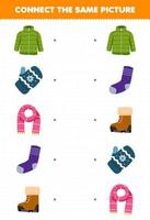 Bildungsspiel für Kinder Verbinden Sie das gleiche Bild des niedlichen Cartoon-Mantel-Fäustling-Schal-Socke-Stiefel-druckbaren Winterarbeitsblatts vektor