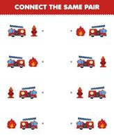 Lernspiel für Kinder Verbinden Sie das gleiche Bild des niedlichen Cartoon-Feuerwehrauto-Feuerwehr- und Hydrantenpaares zum Ausdrucken des Transportarbeitsblatts vektor