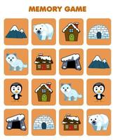 utbildning spel för barn minne till hitta liknande bilder av söt tecknad serie berg polär Björn hus arktisk räv håla pingvin tryckbar vinter- kalkylblad vektor