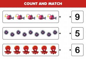 Bildungsspiel für Kinder Zählen Sie die Anzahl der niedlichen Cartoon-Fisch-Seeigel-Kraken und passen Sie sie mit den richtigen Zahlen zum druckbaren Unterwasser-Arbeitsblatt an vektor