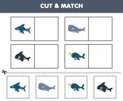 Lernspiel für Kinder Schneiden und passen Sie das gleiche Bild des niedlichen Cartoon-Hai-Wal-Narwal-Orca-Druckbares Unterwasser-Arbeitsblatt an vektor