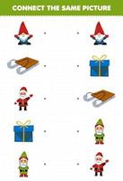Bildungsspiel für Kinder Verbinden Sie das gleiche Bild des niedlichen Cartoon-Gnome-Schlitten-Weihnachtsmann-Geschenkbox-druckbaren Winterarbeitsblatts vektor