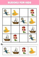 Lernspiel für Kinder Sudoku für Kinder mit niedlichem Cartoon-Taucher, zerstörtes Schiff, Meerjungfrau, U-Boot, druckbares Unterwasser-Arbeitsblatt vektor