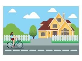 platt illustration av cykling gående genom hus med vänner och familj. vektor illustration lämplig för diagram, infografik, och Övrig grafisk tillgångar