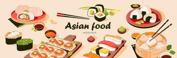 Banner für asiatische Speisen. asiatische Küche mit verschiedenen Gerichten. Vektor-Illustration vektor