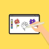 handzeichnungsblume auf tablette mit digitaler stiftvektorillustration. kreatives tätigkeitskunstkonzept. vektor