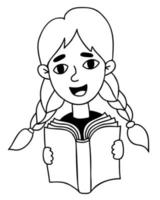 porträtt av leende söt flicka med pigtails läsning bok. vektor linjär hand dragen klotter. begrepp barn karaktär skol med bok.