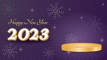 Lycklig ny år 2023 baner design med guld podium och mörk lila bakgrund. för befordran, hälsning och annons vektor