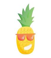 Vektor-Cartoon-Ananas mit Sonnenbrille lächelnd. kinder fröhlicher sommercharakter. niedliches designelement oder muster für tätowierung, druck oder tapete. vektor