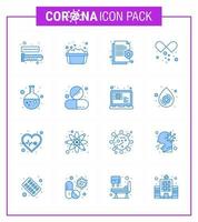 Symbol für Coronavirus-Vorsichtstipps für die Präsentation von Gesundheitsrichtlinien 16 blaue Symbolpakete wie Testarzneimittel Gesundheit medizinische Pillen schützen virales Coronavirus 2019nov-Krankheitsvektor-Designelement vektor