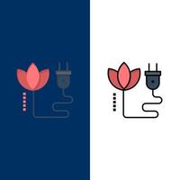 Biomasse Energiekabel Stecker Symbole flach und Linie gefüllt Icon Set Vektor blauen Hintergrund