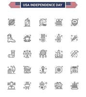 Linienpackung mit 25 Symbolen für den Unabhängigkeitstag der USA von Kinderzirkus USA United Sport editierbare USA-Tag-Vektordesign-Elemente vektor